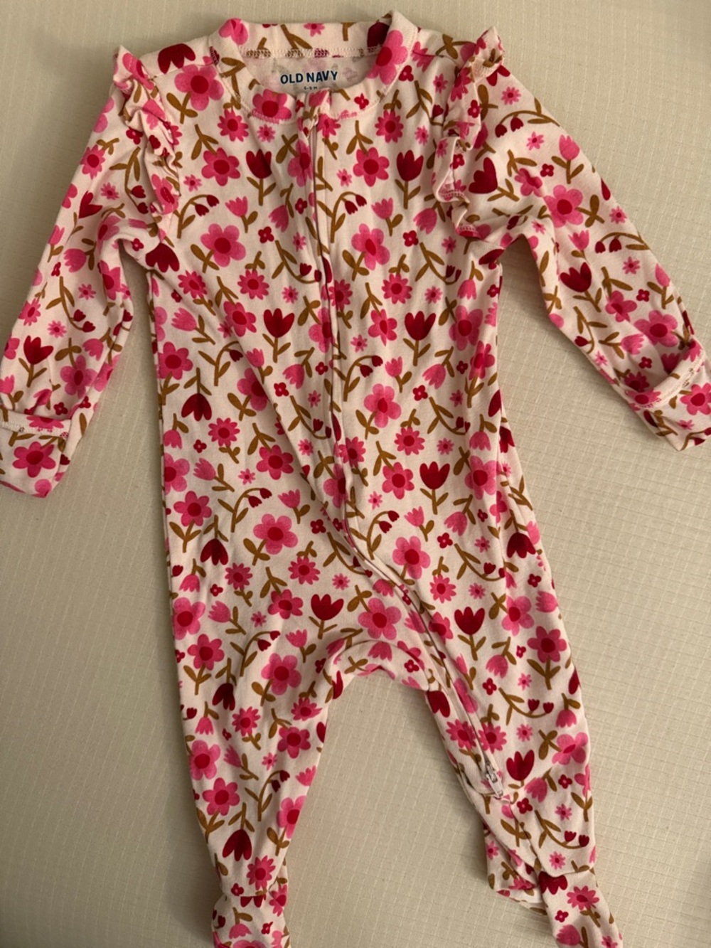Old Navy Pink Floral Zip-Up Footie with Ruffle Shoulders